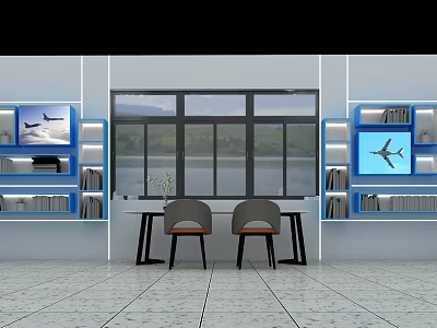 Cultural Center Interior With Blue Bookshelves Airplane Models And Lake View Through Large Windows 3d model