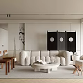 Modern Living Room Interior Design With Beige Sofa Round Coffee Table And Black Room Divider