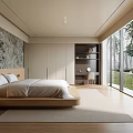Modern Bedroom Interior With Wooden Headboard Light Colored Bedding Cabinets Large Windows And Lawn View