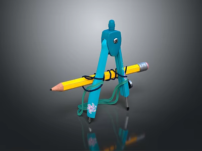 Blue Drawing Compass With Yellow Pencil And Green String On Reflective Surface 3d model