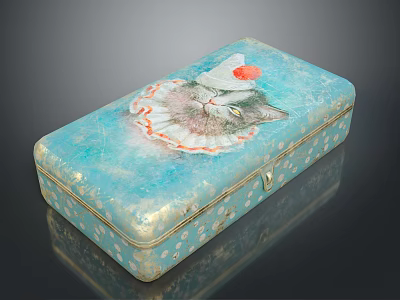 Teal Blue Decorative Storage Box With Gold Polka Dots Cat Wearing Hat Red Flower 3d model