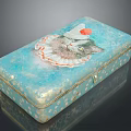Teal Blue Decorative Storage Box With Gold Polka Dots Cat Wearing Hat Red Flower