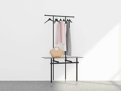 Modern Minimalist Clothes Rack with Hanging Clothes and Tabletop Bag 3d model