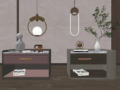 Modern Bedside Tables Featuring Pink Dark Brown Design Sculpture Vase Green Plant Hanging Lights 3d model