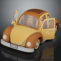 Vintage Yellow Beetle Style Toy Car With Open Doors And Brown Roof Details
