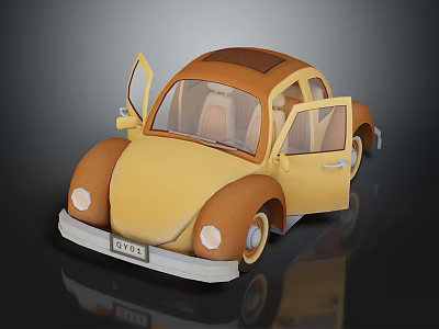Vintage Yellow Beetle Style Toy Car With Open Doors And Brown Roof Details 3d model