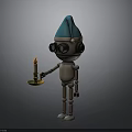 Mechanical Robot With Blue Hat And Large Goggles Holding Tray With Lit Candle