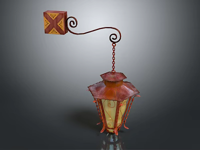 Decorative Rustic Wall Lantern Furniture With Red Metal Scroll Arm And Yellow Glass Shade 3d model