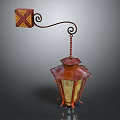 Decorative Rustic Wall Lantern Furniture With Red Metal Scroll Arm And Yellow Glass Shade