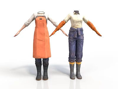Practical Household Clothing Items Including Orange Apron Arm Sleeves Pants And Boots 3d model