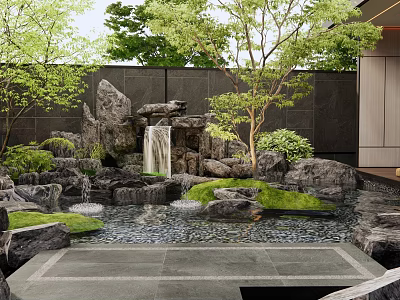 Artificial Mountain Rockery Stones With Waterfall Small Pond And Green Plants In Garden Courtyard 3d model