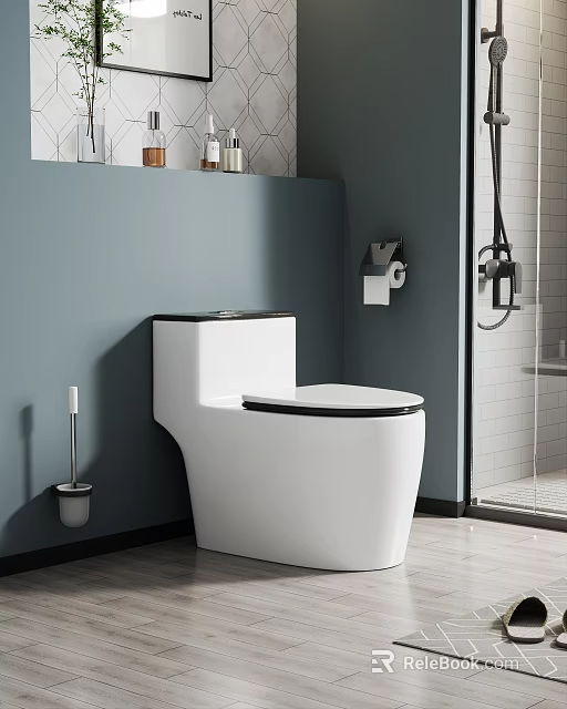 Modern White Toilet In Bathroom With Gray Wall Toilet Brush And Shower Area 3d model 