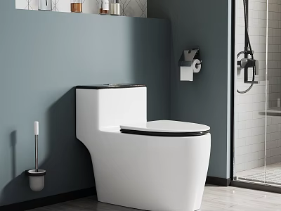Modern White Toilet In Bathroom With Gray Wall Toilet Brush And Shower Area 3d model