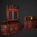 Vintage Mahogany Cabinet With Carved Details Glass Doors And Matching Desk