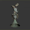 Antique Bronze Fish Shaped Horn Instrument With Green Patina And Scale Texture