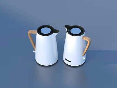 Two Modern White Kettles With Wooden Handles And Black Lids 3d model
