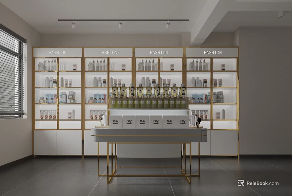 Modern Fashion Store Interior With Golden Framed Display Shelves White Counter And Various Products 3d model 
