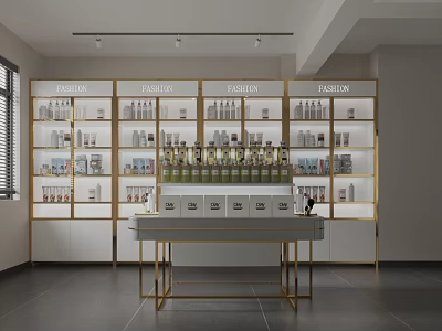 Modern Fashion Store Interior With Golden Framed Display Shelves White Counter And Various Products 3d model