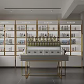 Modern Fashion Store Interior With Golden Framed Display Shelves White Counter And Various Products