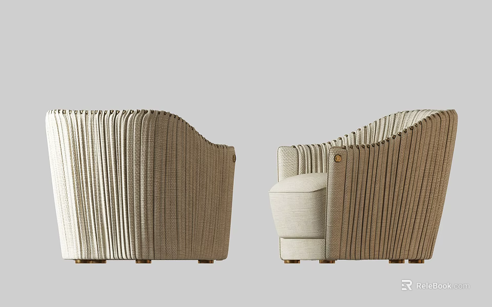 Stylish Beige Single Sofa With Vertical Stripes Curved Design And Fabric Upholstery 3d model 