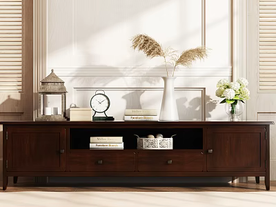 Minimalist Wooden TV Stand with Decorative Clock Books Vases and Flowers in Bright Living Room 3d model