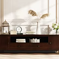 Minimalist Wooden TV Stand with Decorative Clock Books Vases and Flowers in Bright Living Room