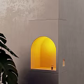 Gray Cubic Wall Lamp With Arched Illuminated Niche Warm Yellow Light Small Figurine Dark Background