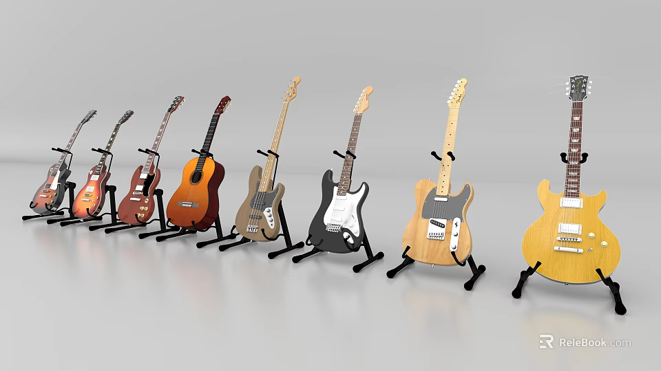 Acoustic And Electric Guitars In Various Styles On Stands For Music Collection 3d model 
