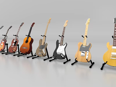 Acoustic And Electric Guitars In Various Styles On Stands For Music Collection 3d model
