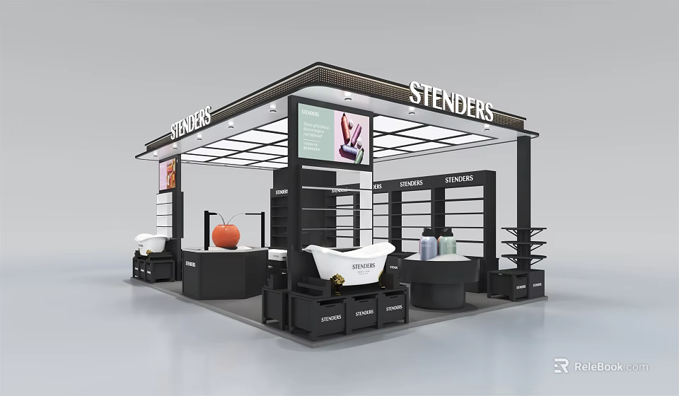 Stenders Exhibition Booth Design With Display Shelves Digital Screen And Products 3d model 