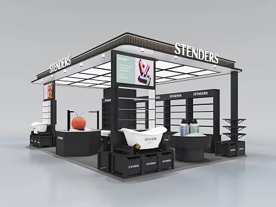 Stenders Exhibition Booth Design With Display Shelves Digital Screen And Products 3d model