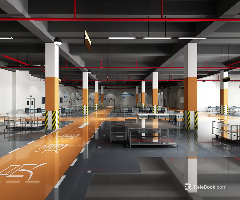 Modern Industrial Office Corridor Interior With White Pillars Ceiling Lights And Floor Markings 3d model 