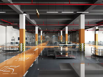 Modern Industrial Office Corridor Interior With White Pillars Ceiling Lights And Floor Markings 3d model