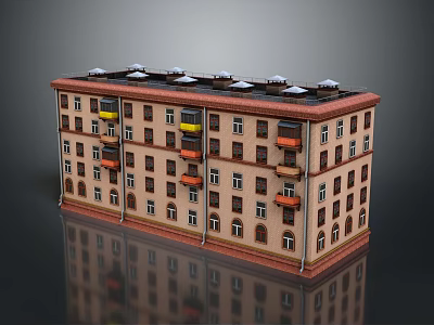 Multi Storey Residential Building With Red Brick Exterior And Colorful Balcony Awnings 3d model
