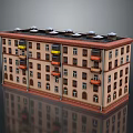 Multi Storey Residential Building With Red Brick Exterior And Colorful Balcony Awnings