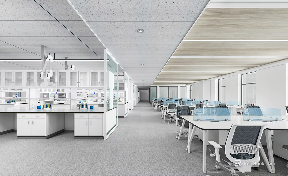 Modern Laboratory Interior With Lab Benches Cabinets Workstations And Chairs 3d model 
