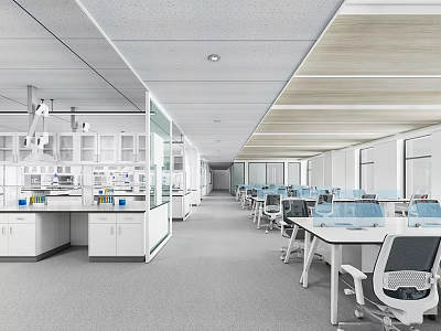 Modern Laboratory Interior With Lab Benches Cabinets Workstations And Chairs 3d model