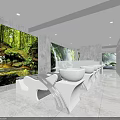 Beauty Hair Salon Interior Featuring Green Forest Waterfall Murals White Neatly Arranged Seats And Lights