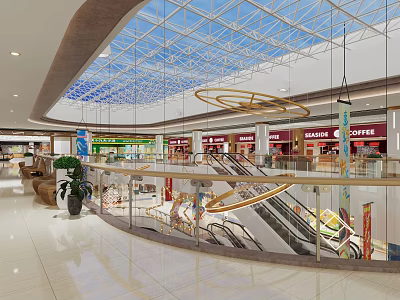 Shopping Mall Lobby With Glass Ceiling Escalators Shops Plants And Hanging Decorations 3d model