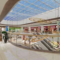 Shopping Mall Lobby With Glass Ceiling Escalators Shops Plants And Hanging Decorations