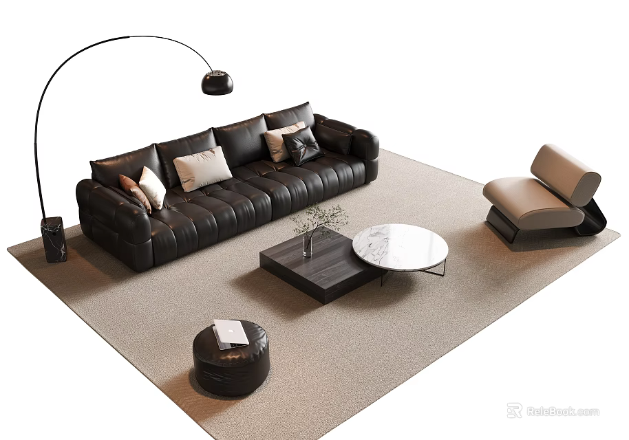 Modern Black Leather Sofa Coffee Table Combination With Decorative Pillows Floor Lamp And Lounge Chair 3d model 