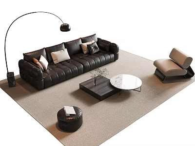 Modern Black Leather Sofa Coffee Table Combination With Decorative Pillows Floor Lamp And Lounge Chair 3d model