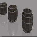 Three Dark Wooden Barrels with Metal Hoops on White Background