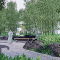 Residential Landscape With Arched Canopy Bamboo Pathway Water Fountain And High Rise Buildings