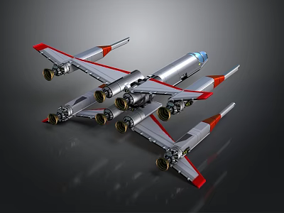 Sci Fi Aircraft Model With Silver Body Red Wing Tips And Multiple Engines 3d model