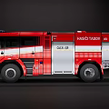 Red Modern Fire Rescue Truck With Emergency Lights And Rescue Equipment