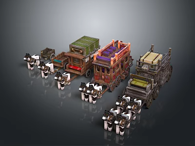 Vintage Ox Drawn Carriages In Different Styles With Various Colors And Decorative Structures 3d model