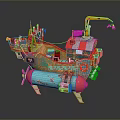 Toy Pirate Ship Model With Red Blue Hull Yellow Crane And Wooden Deck