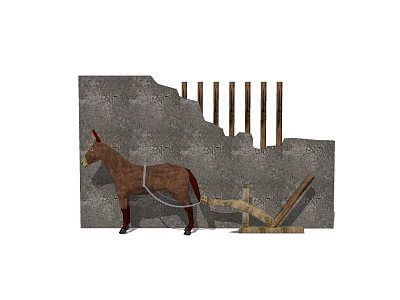 Traditional Industrial Equipment Featuring Donkey Pulling Wooden Device Against Gray Wall With Vertical Poles 3d model