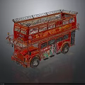 Red Vintage Double Decker Bus With Graffiti Decorations And Top Structure